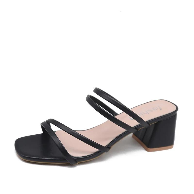 Women Sandals Ladies Square Heels Elegant Summer Slippers Outside Cross Tied Leather Female Slides 2025 Fashion Woman Sandals
