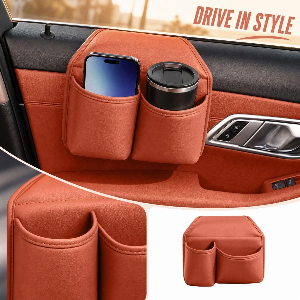 Car Door Storage Box with Cup Holder and Phone Pocket, Multifunctional Vehicle for Beverages and Small Accessories