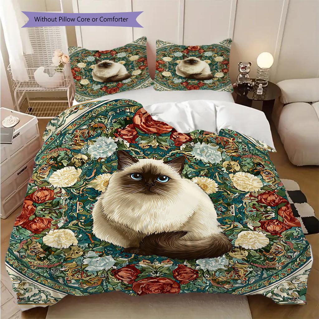 Weißes Katzenmuster Bettwäsche Steppdecke Set Deckenbezug Kissenbezug Heimdekoration Geburtstagsgeschenk (1 Bettbezug + 2 Kissenbezüge, ohne Füllung)