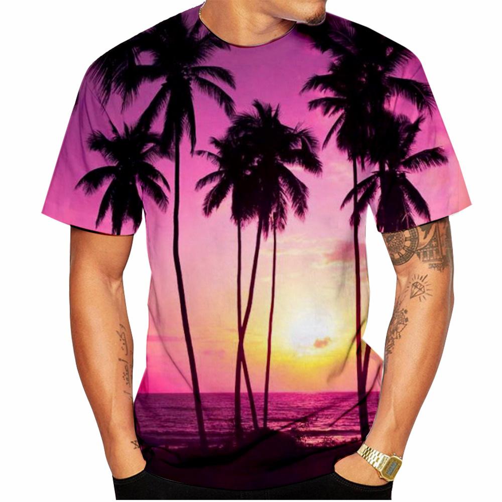 Summer Hawaiian Scenery 3D T-Shirt, Street Fashion Men's Stylish Loose Fit Round Neck Short Sleeve Top