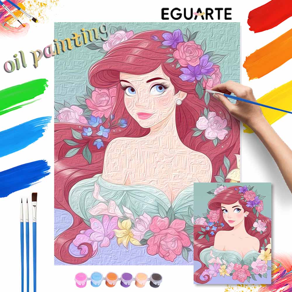 Disney digital oil painting Ariel princess floral art handmade diy gift home decoration