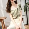 Sommer Kurzarm Gestreiftes T-Shirt Damen Gestrickte Hemden Pullover Tops Weiblich Elastisch Lässig Strick-T-Shirt Damen T-Shirts Crop Tops
