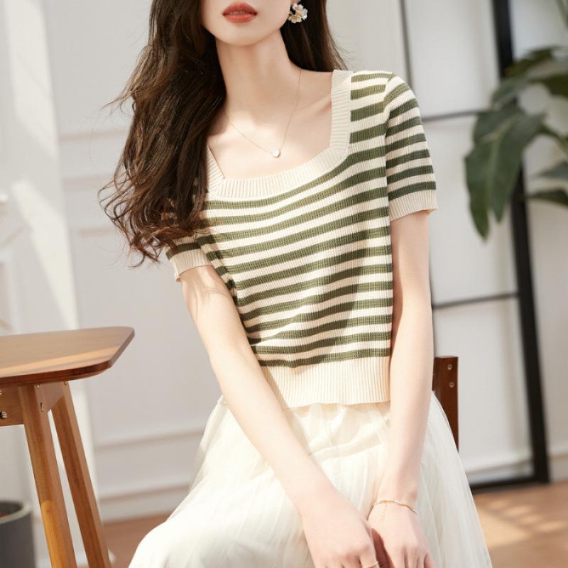 Sommer Kurzarm Gestreiftes T-Shirt Damen Gestrickte Hemden Pullover Tops Weiblich Elastisch Lässig Strick-T-Shirt Damen T-Shirts Crop Tops