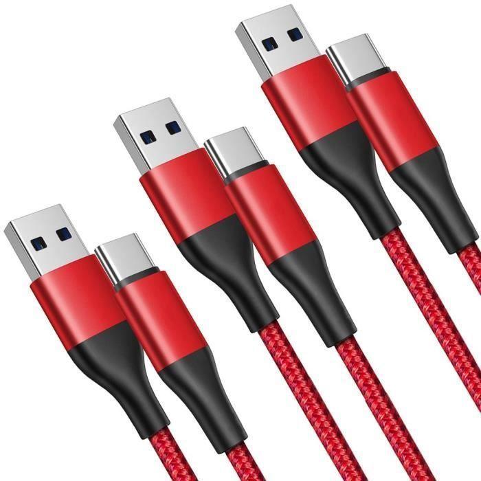Lot de 3 Câble USB-C Rapide pour Samsung Galaxy A56 A55 A26 A25 A15 A05s A35 S24 Ultra S24 FE - 1M Rouge Nylon Tressé