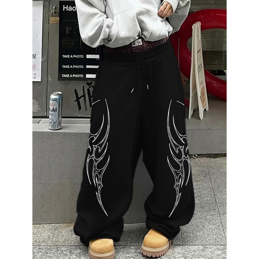 Men's Street Style Loose Straight Leg Casual Pants, Fashionable Sports Pants, Cool Totem Printed Drawstring Pants, Hip Hop Wide Leg Pants