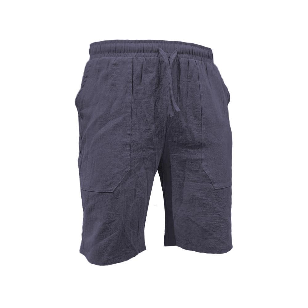 Men's Summer Cotton-Linen Shorts Drawstring Elastic Waistband Straight Leg Solid Color Breathable Casual Beach Shorts Mid-Length