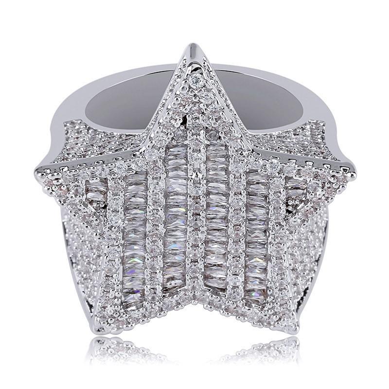 Hip Hop Zircon Ring Star Cuban Link Fashion Jewelry Men Women