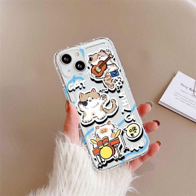 Rock music cat iPhone16promax mobile phone case Apple 14 transparent 13/15 fine hole anti-drop 11