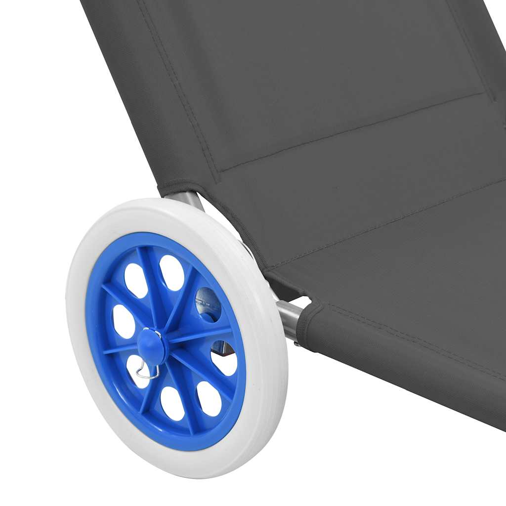 Folding Sun Lounger with Sunshade and Wheels Steel Gray