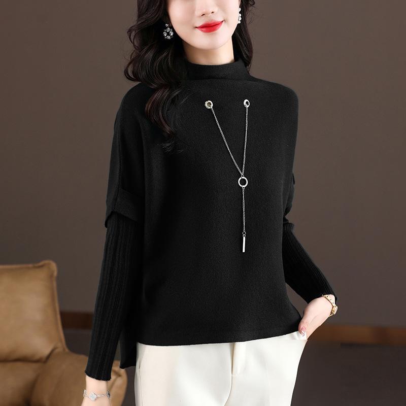 Semi-turtleneck Knitted Bottoming Shirt Women's Spring and Autumn Models New Long-sleeved Splicing Fake Two-piece Top Short Sweater