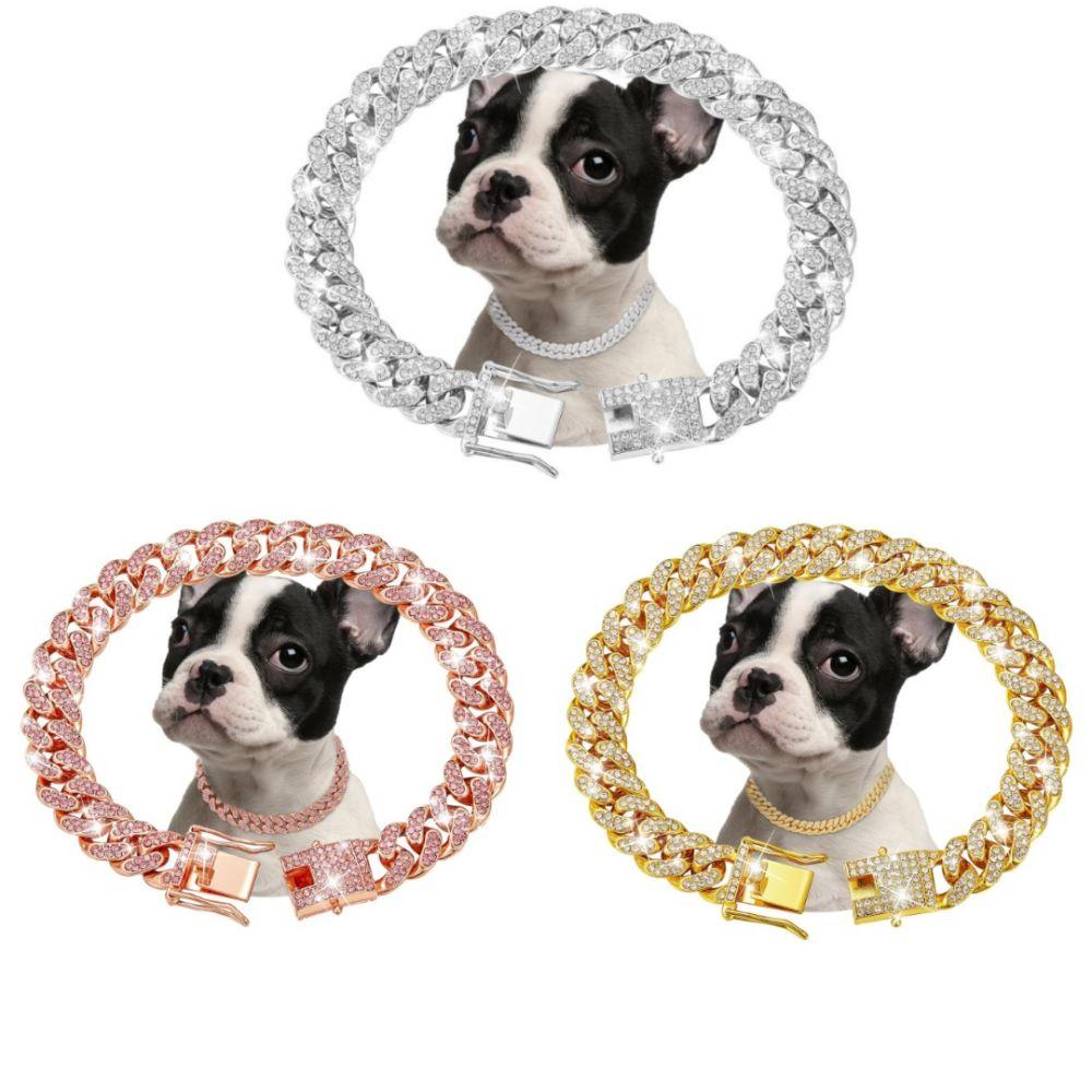 Hundehalsband Kubanische Kette – Diamant-verziert, 13 Mm Breit, Aus Zinklegierung, Mit Sicherer Schnalle (Silber/Gold)