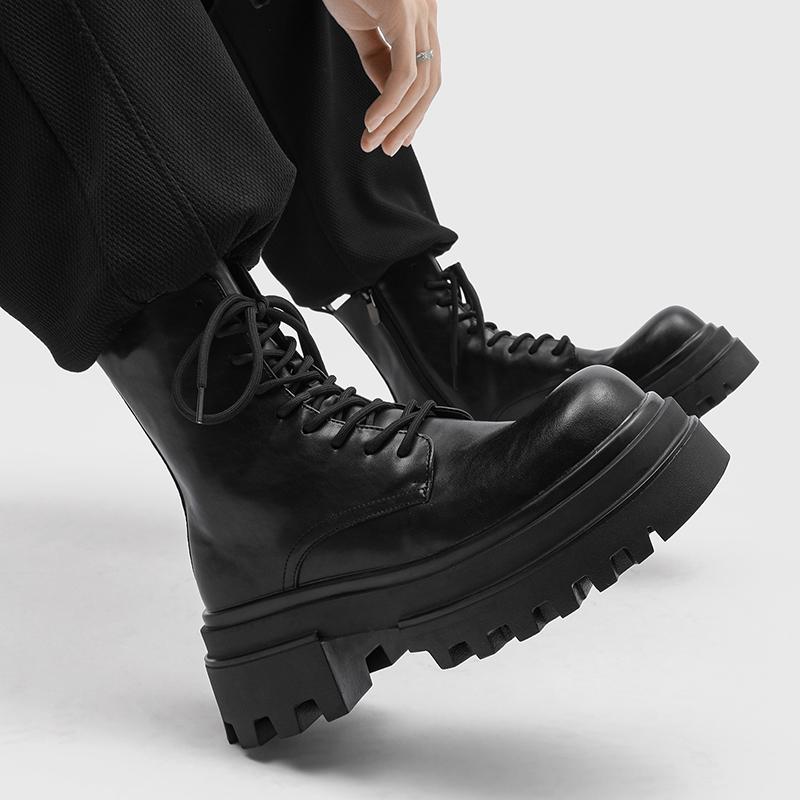 Mode Herbst- und Winter Herren Schnürstiefel mit hohem Schaft Bequeme Reißverschluss Stiefel mit Absatz Dicksohlige Anti-Rutsch Wanderstiefel