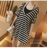 Koreanischer Stil Locker Mittellang T-Shirt und Gestreiftes Unterkleid Set