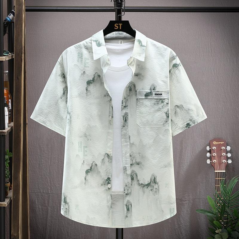 Summer Men Chinese Style Ink Wash Print Shirt Casual Short Sleeve Top S зелёный