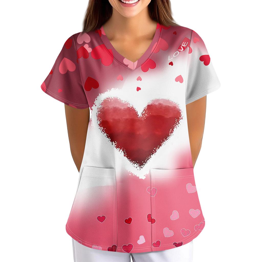 Plus SizeWzorzysty Strój Roboczy Bluzki Dla Kobiet Krój V-Neck z Nadrukiem Krótki Rękaw Zabawne T-Shirty Odzież Robocza Tee z Kieszeniami