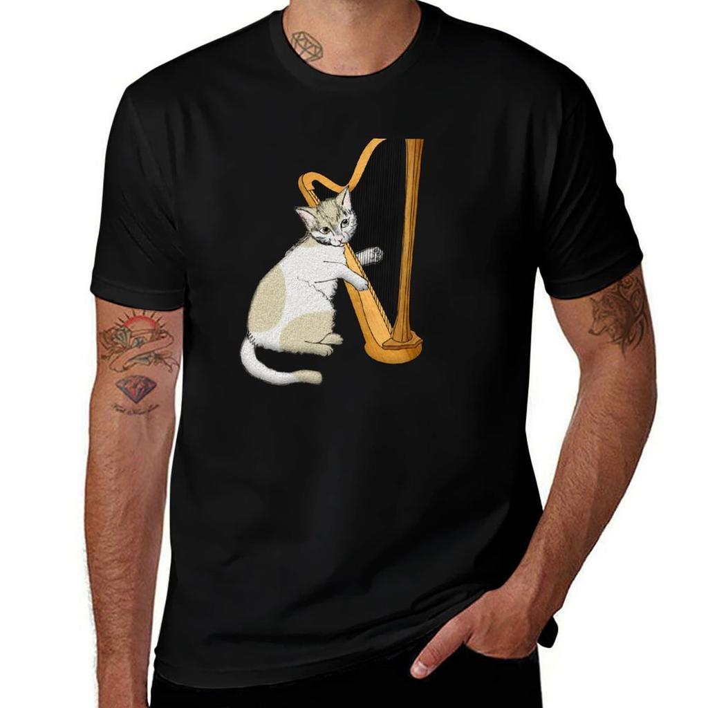 Calico Cat Plays The Harp Tshirt Basic Lightweight Short Sleeve Tee