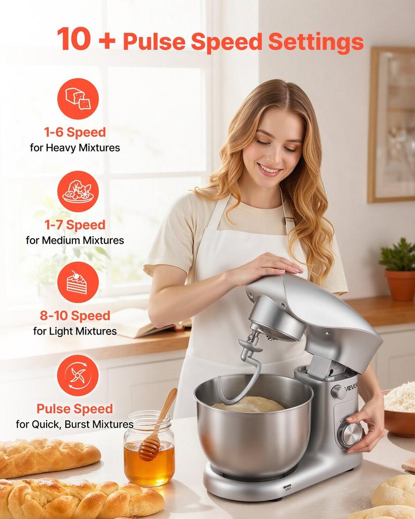 Stand Mixer, 4.2 L Electric Kitchen Mixer, 1500W Dough-Mixer, 10 + Pulse Speeds Tilt-head Food-Mixer with Stainless Steel Bowl, Dough Hook, Whisk,