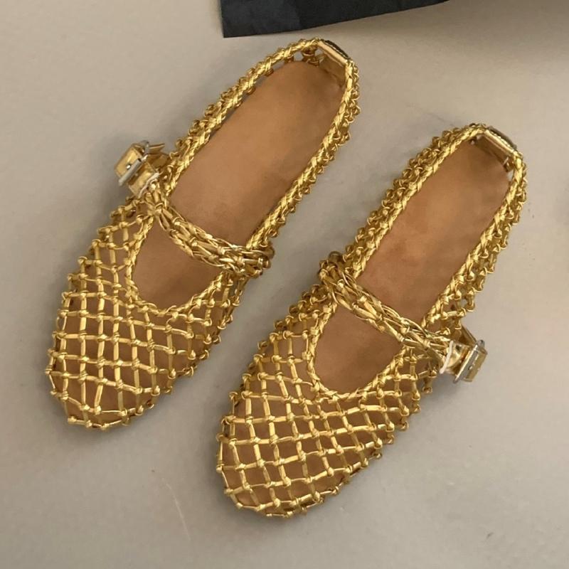 Fashion Luxury Hollow Gold Woven Ballet Flats Women Fashion Round Toe Buckle Brand Designer Shoes Comfortable Shallow Mary Jane Shoes