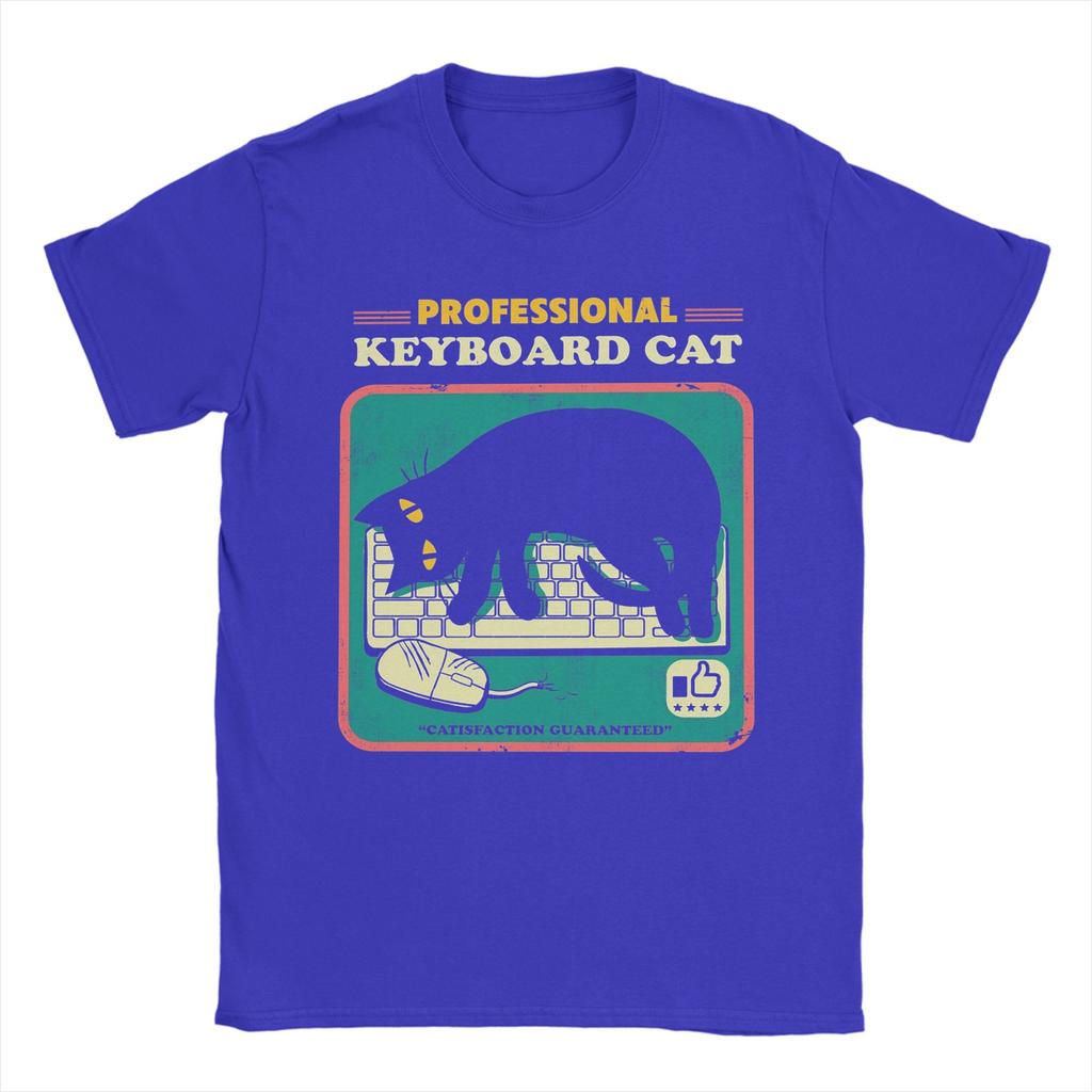 Funny Cat Playing Computer Games Keyboard T-Shirt for Men Round Collar Cotton T Shirt Short Sleeve Tee Shirt Printed Tops