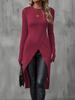 Women's Crew Neck Long Sleeve Tight Long Tunic Top Slim Fit Wrap Front High Slit Long Blouse