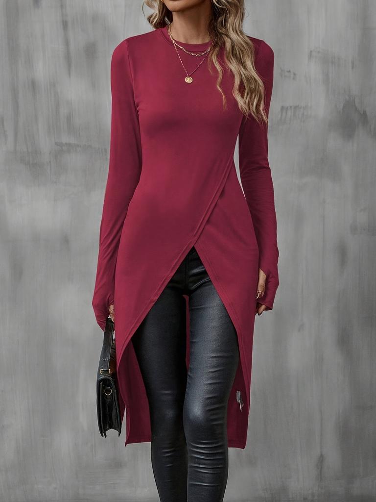 Women's Crew Neck Long Sleeve Tight Long Tunic Top Slim Fit Wrap Front High Slit Long Blouse