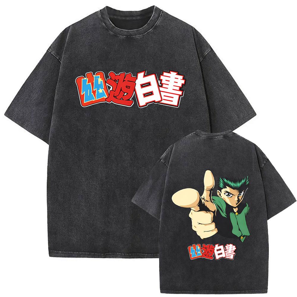 Anime YuYu Hakusho Urameshi Yuusuke Vintage Washed T Shirt Men Women Casual Oversized Tshirts Mens 90s Manga Retro Streetwear
