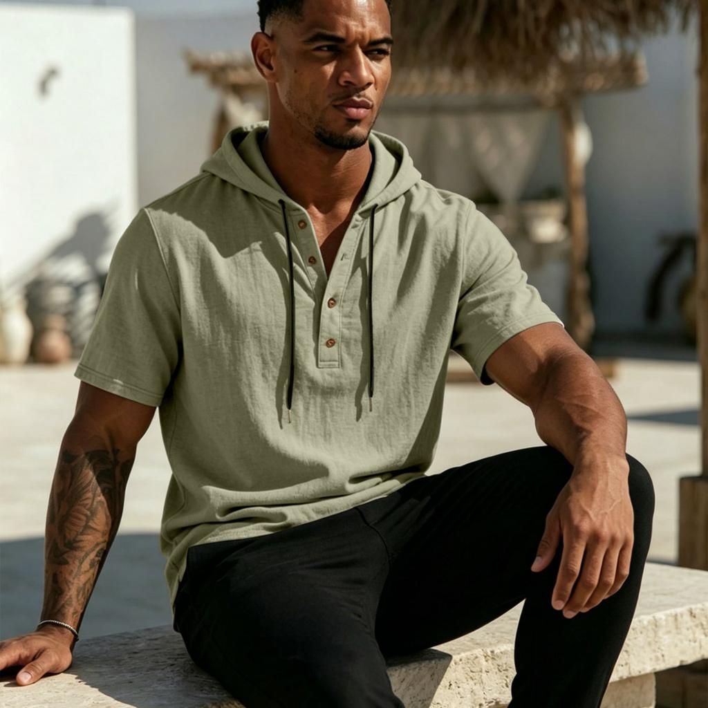 Men's Linen Short Sleeve Hooded Shirt - Casual Loose Fit Button Front Summer Beach Top