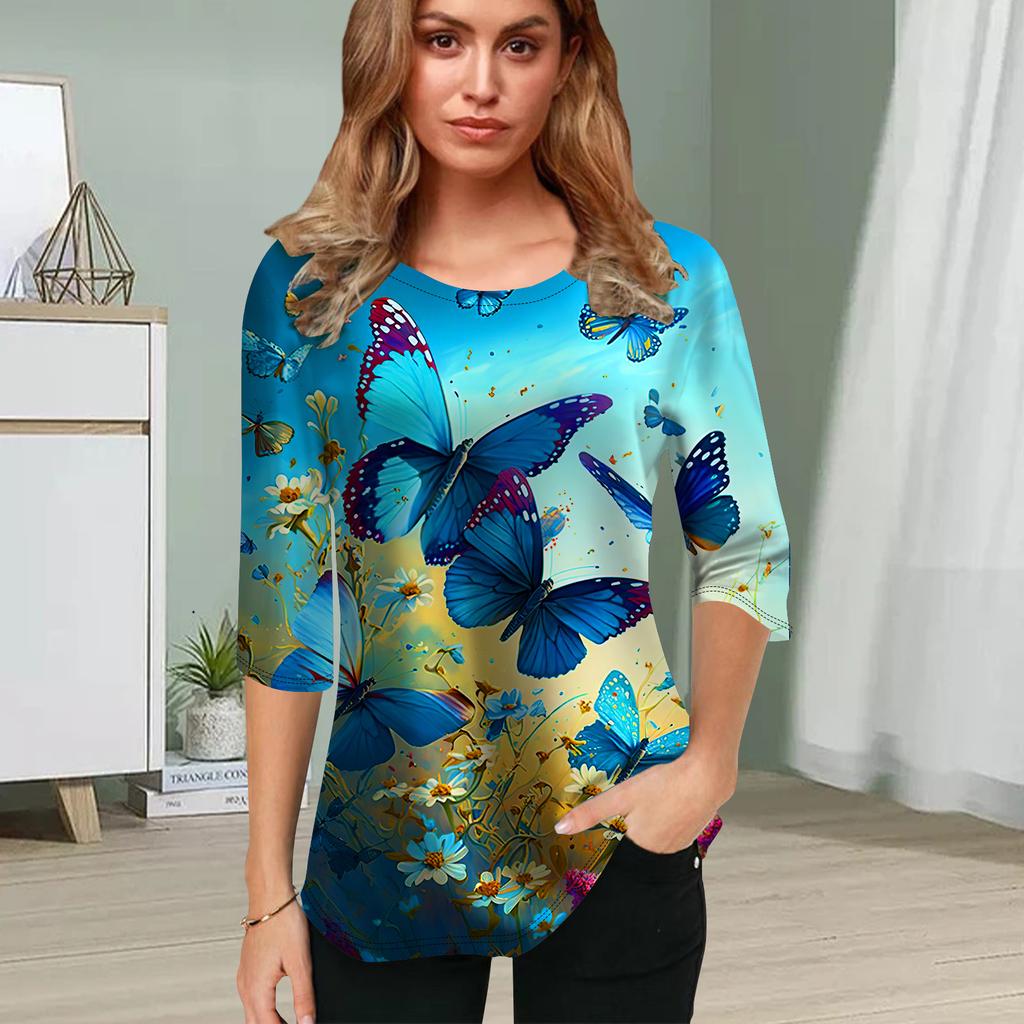 Womens Blouse 3D Rainbow Butterflies Printing Flower Half Sleeve Tops Summer Casual Tops Printed Round Neck Half Sleeve T Shirt