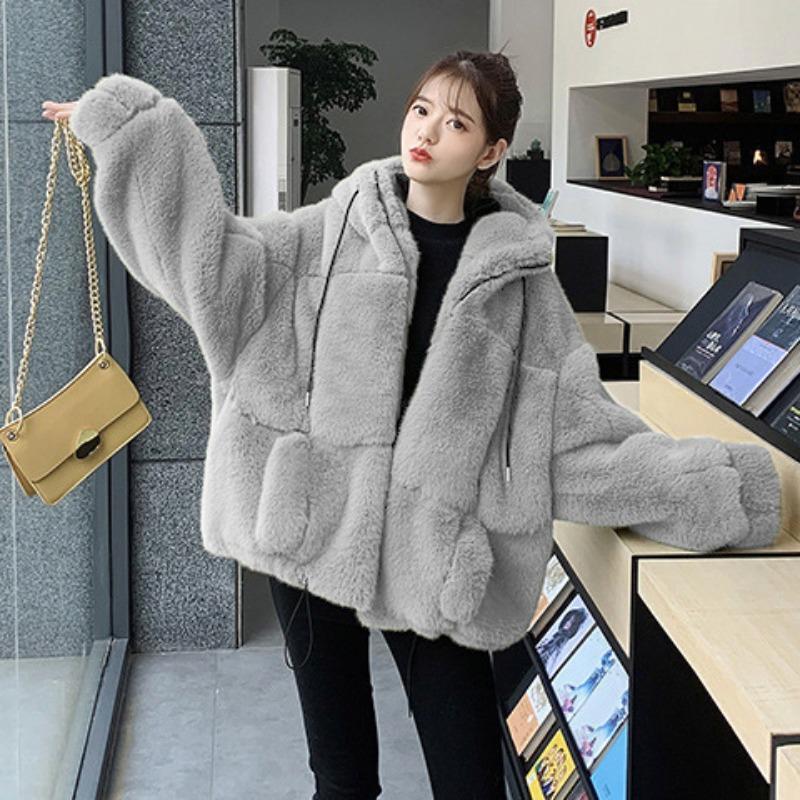 Autumn and winter new imitation fur jacket female Rex rabbit hair imitation fur hooded plush jacket loose warm and fashionable