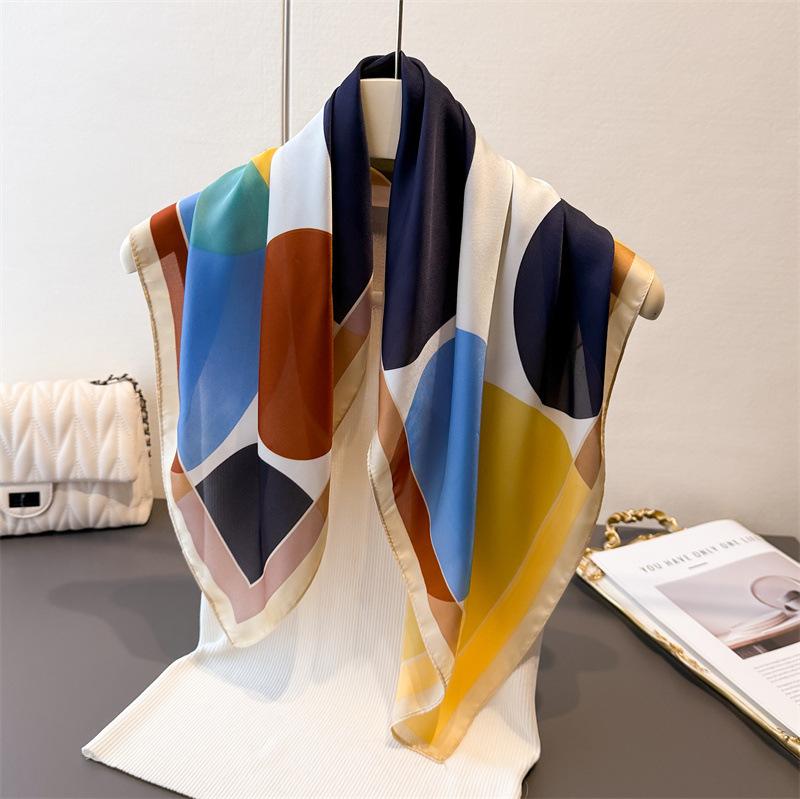 Colorful Round Block Printing Simulation Silk Scarf Square Scarf High-End Shawl Versatile Neck Small Square Scarf Headscarf