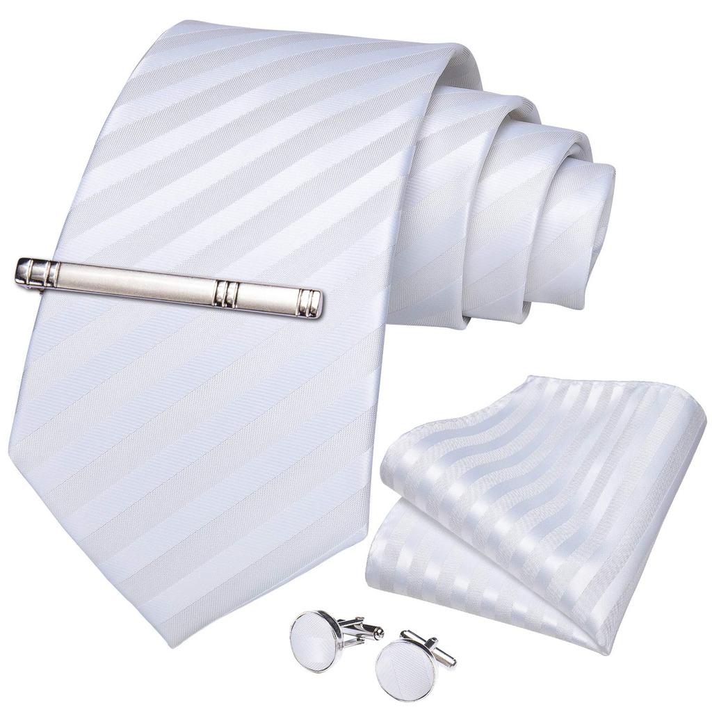 [DiBanGu] Hochzeitskrawatten-Set: White Tie, Einstecktuch und Krawattennadel mit Geschenkbox