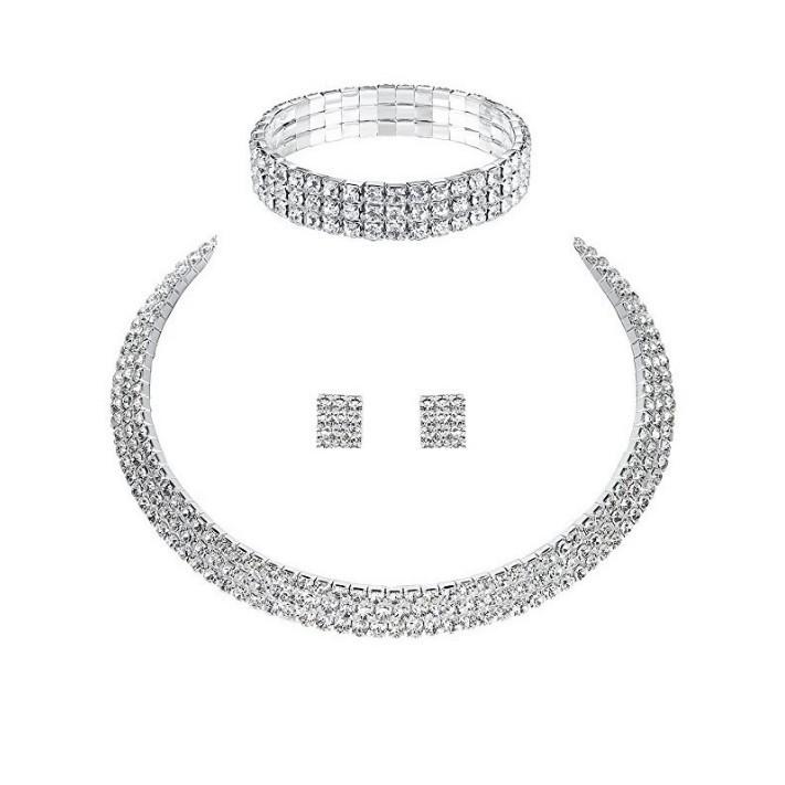 Three Rows Of Collar Jewelry, Two Rows, Neck Necklace Set, Zircon Jewelry Set, Silver-Plated Jewelry, Three-Piece Set.