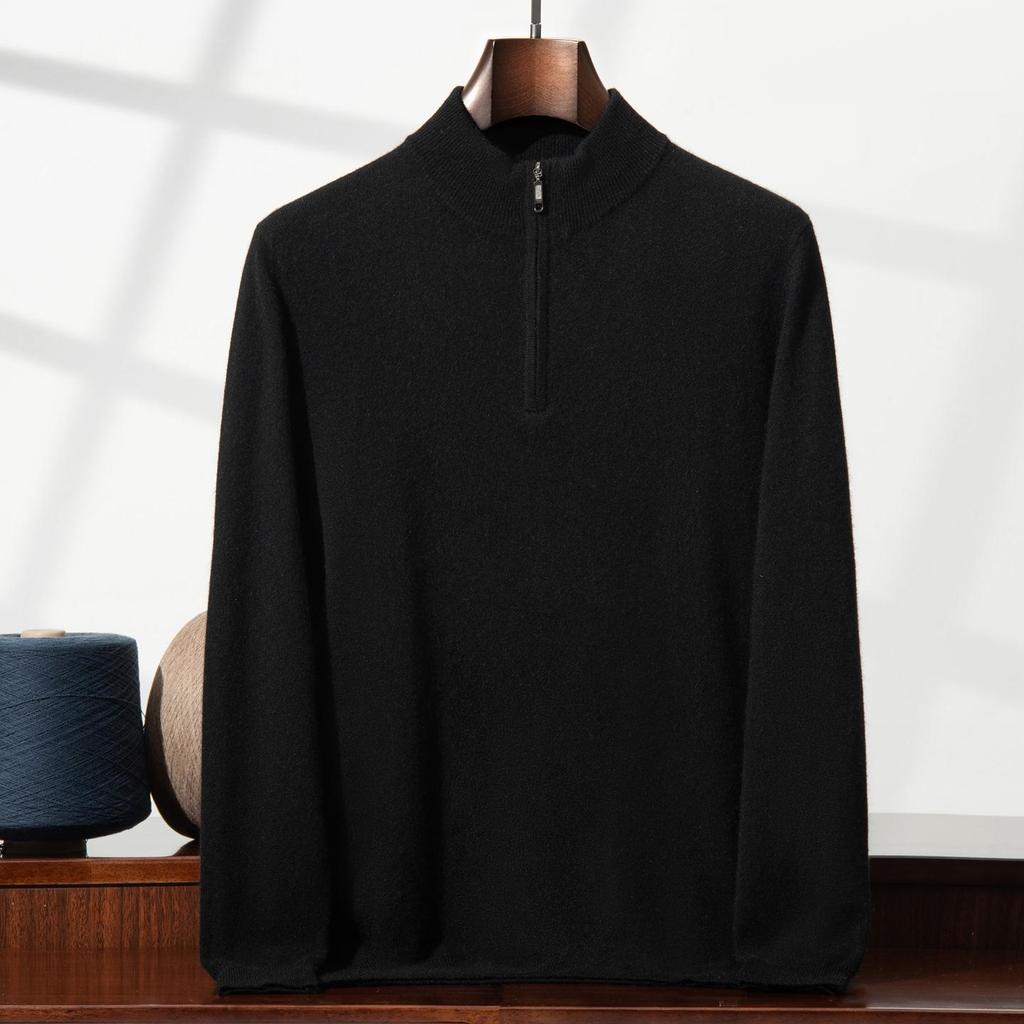Eleganter Herren-Halbreißverschluss-Kaschmirpullover, einfarbige Strickware mit Stehkragen, Business Casual Pullover