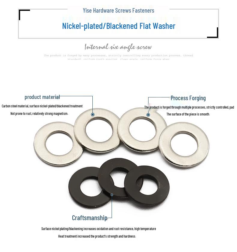 Nickel-Plated Carbon Steel Flat Washer, Blackened & Thickened, Sizes: M2, M2.5, M3, M4, M5