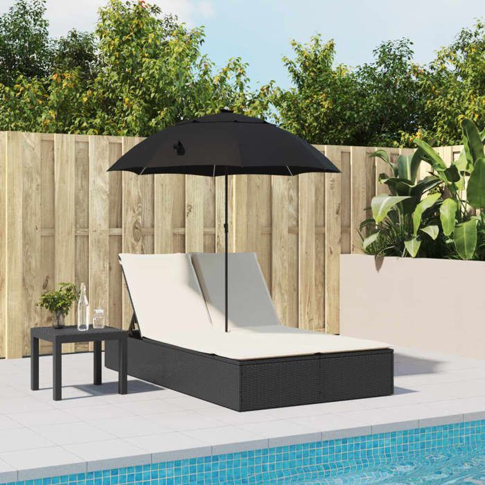 VidaXL Double Sun Lounger and Cushions and Parasol Black Braided Resin, Sunbed, Outdoor Daybed, Daybed of 368081