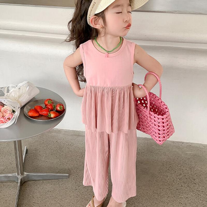 Girl's Sleeveless Top And Wide Leg Pants Set Summer Two-Piece Casual Children's Clothing Set