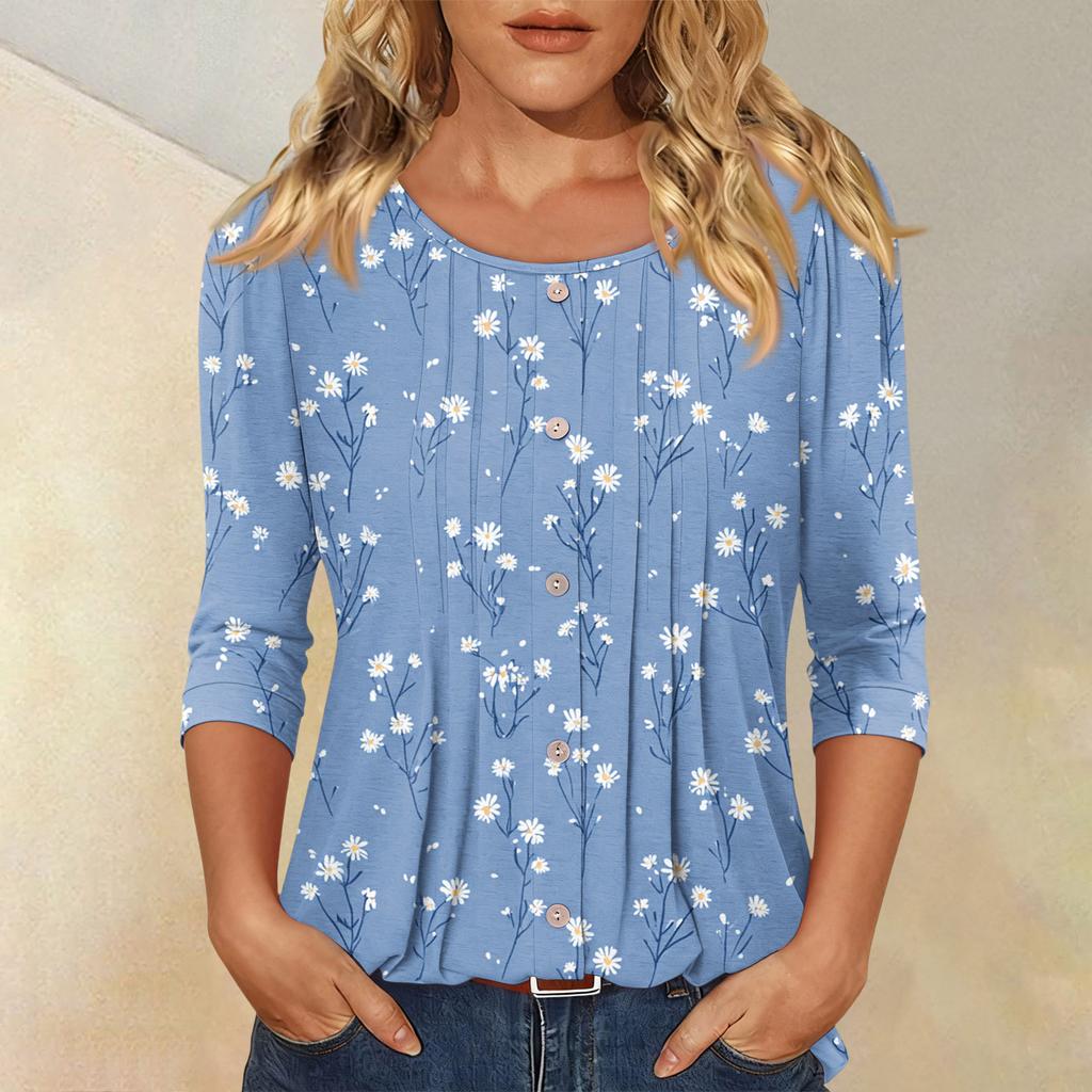 Damen Modisches Lässiges Dreiviertelarm Knopfleisten Oberteil mit Blumenmuster und Rundhalsausschnitt