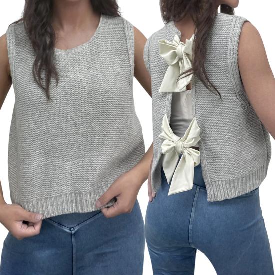 Women Knitted Vest Round Neck Sleeveless Crop Tank Bow Tie Decor Hollow