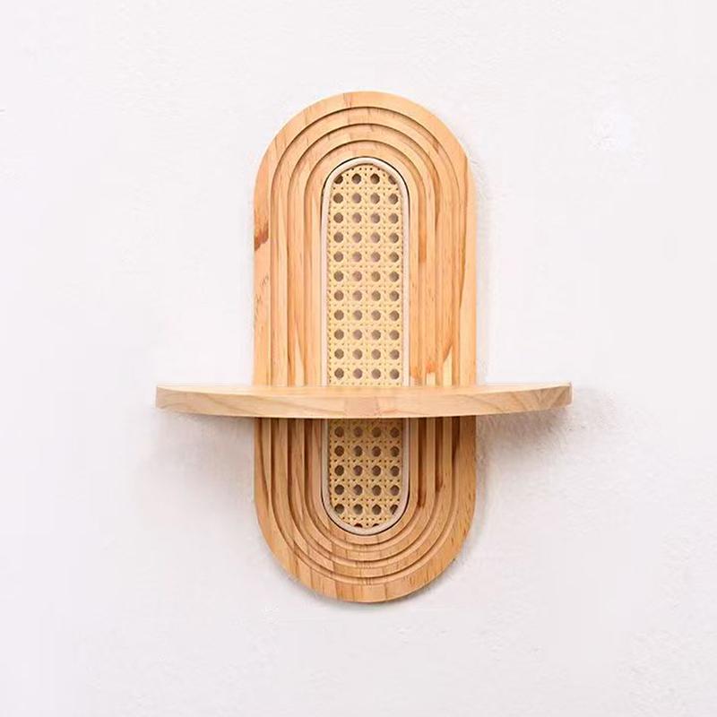 1PC Solid Sturdy Shelf Natural Wood Bohemian Wall Minimalist Rattan Weave Space-Saving Mounted Multi-Purpose