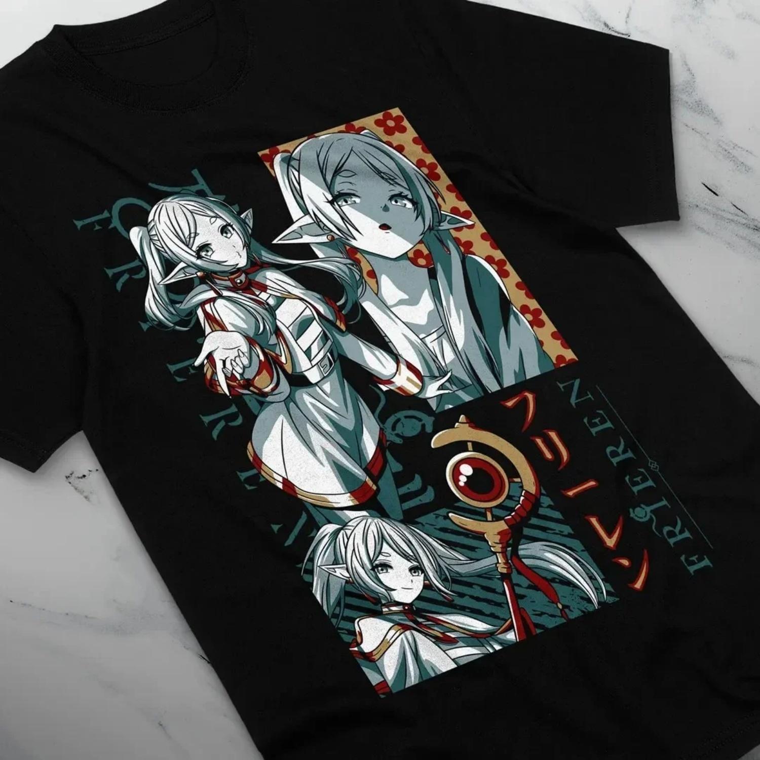 

Frieren T-shirt Beyond Journey s End Fern Stark Girl Anime Gift Shirt Clothing Graphic T Shirts Vintage Summer Streetwear S чёрный