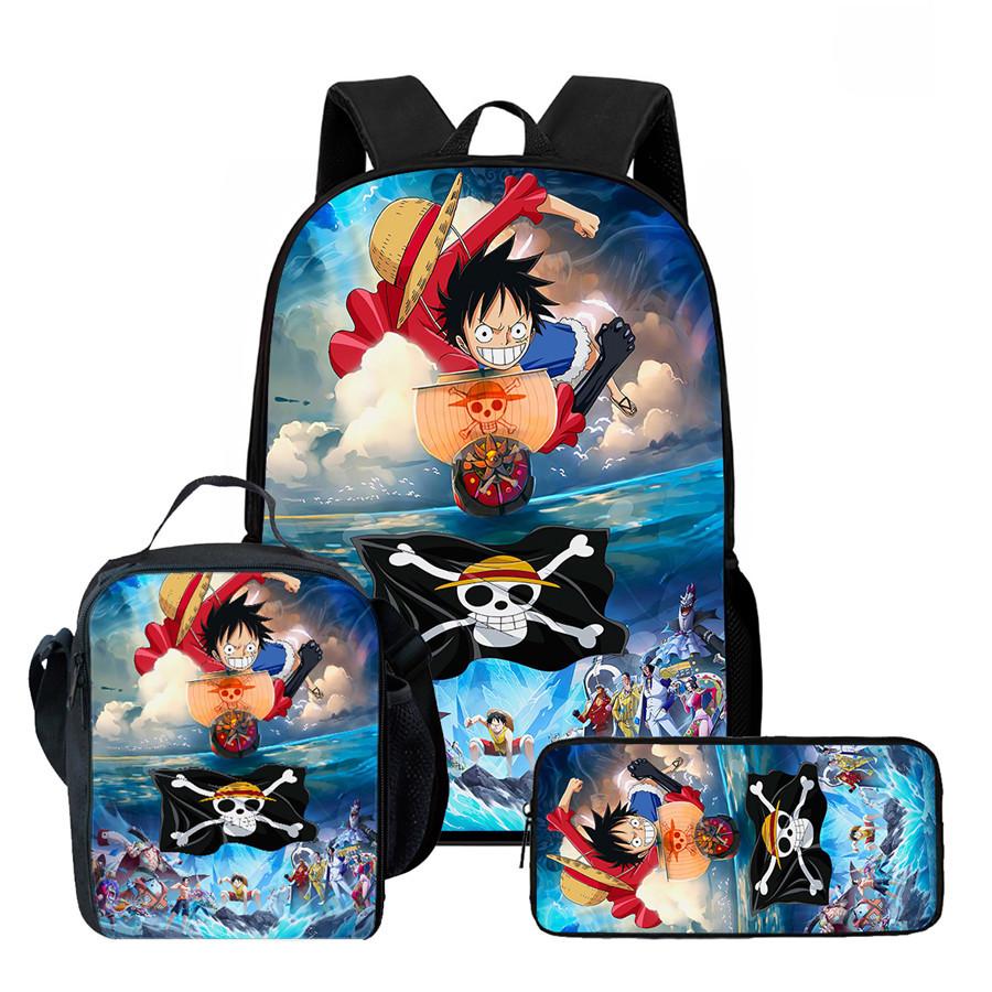 One Piece Anime Backpack 3Pcs Set Cartoon School Backpack Crossbody Bag Pencil Case Student Schoolbag Travel Backpack Gift