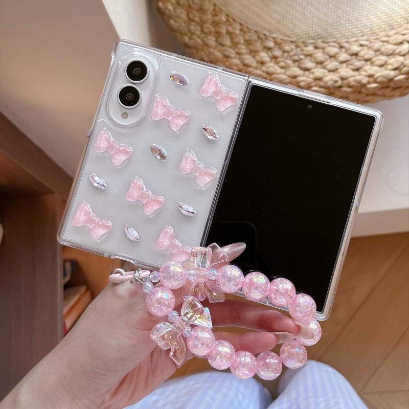 Korean Clear Glitter Pink Bow Cute Phone Case For Samsung Galaxy Z Fold 8 Ultra 7 6 5 Fold7 Fold6 Cover with Chain Kawaii Cases