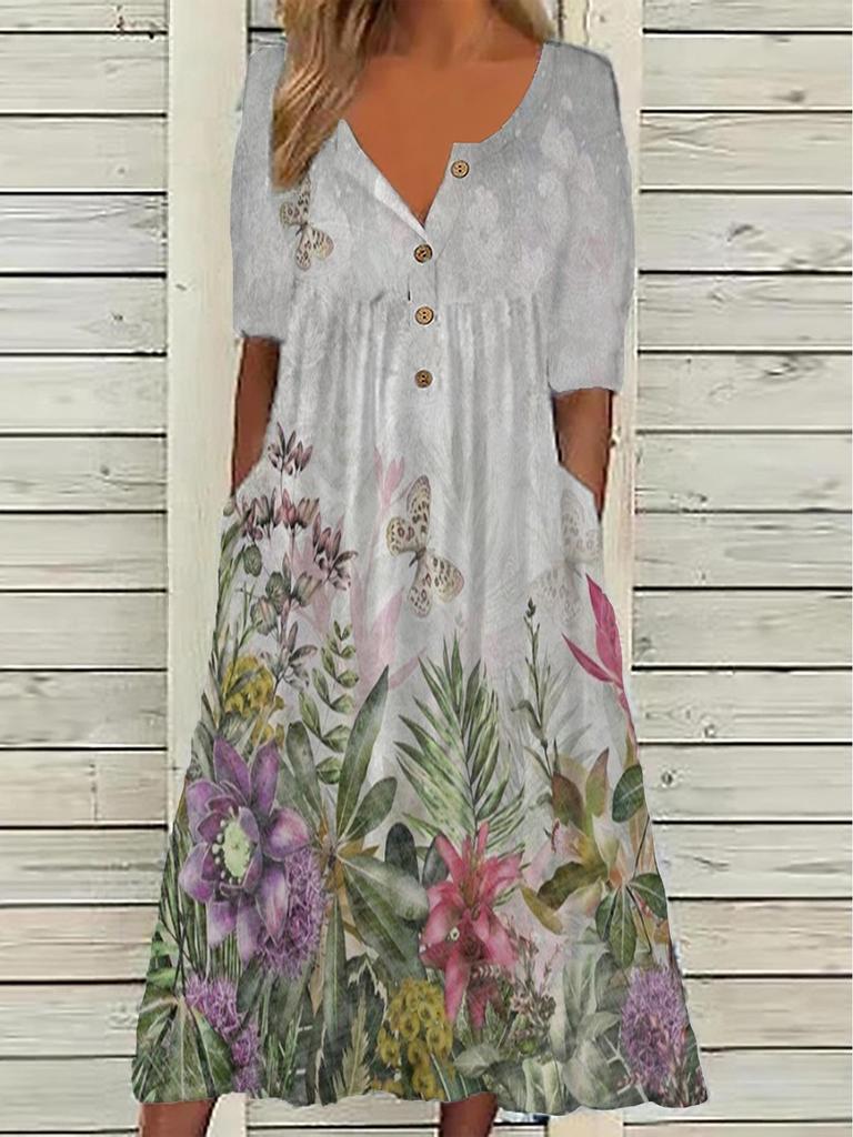 2026 Spring V-Neck Button Short-Sleeve Maxi Dress with Pockets