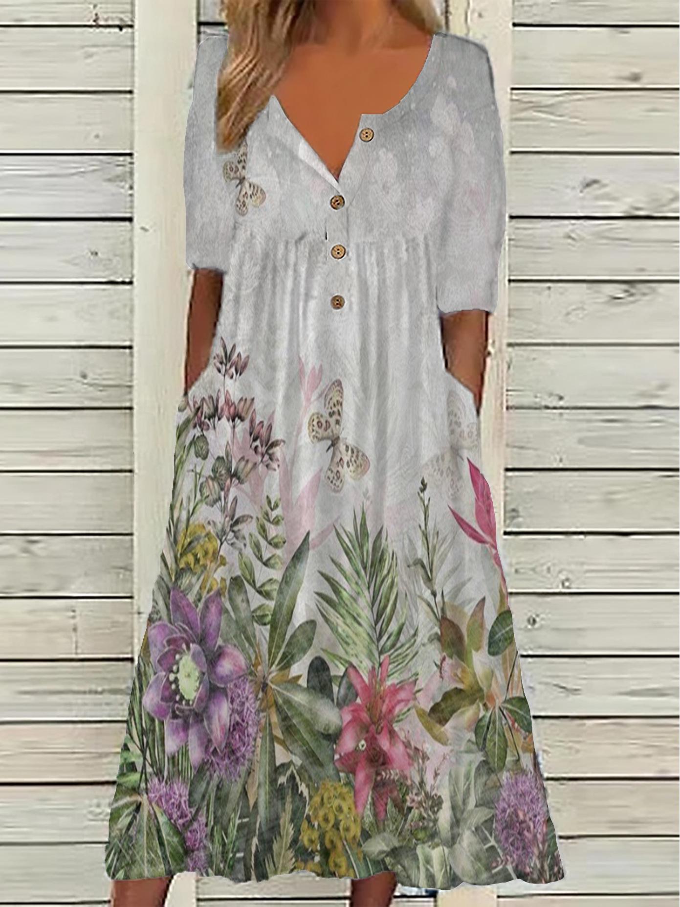 

2026 Spring V-Neck Button Short-Sleeve Maxi Dress with Pockets XL