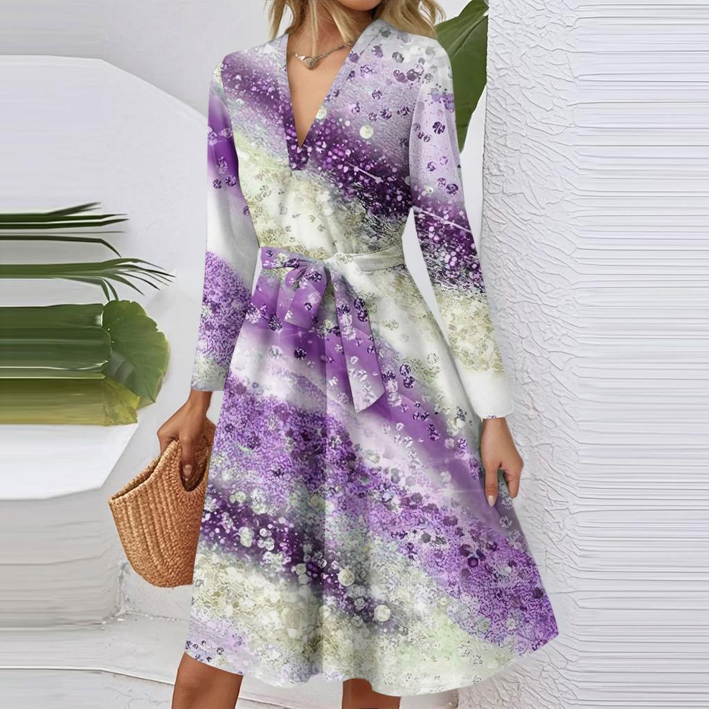 Women's Fashion Casual V-Neck Long Sleeve Waist Floral Print Midi Dress