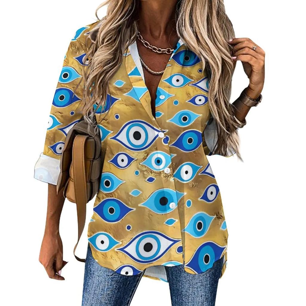 Women Street Fashion Shirt Abstract Evil Eye Casual 2025 New Spring and Autumn Blouse Long Sleeve Vintage Print Office Blouses