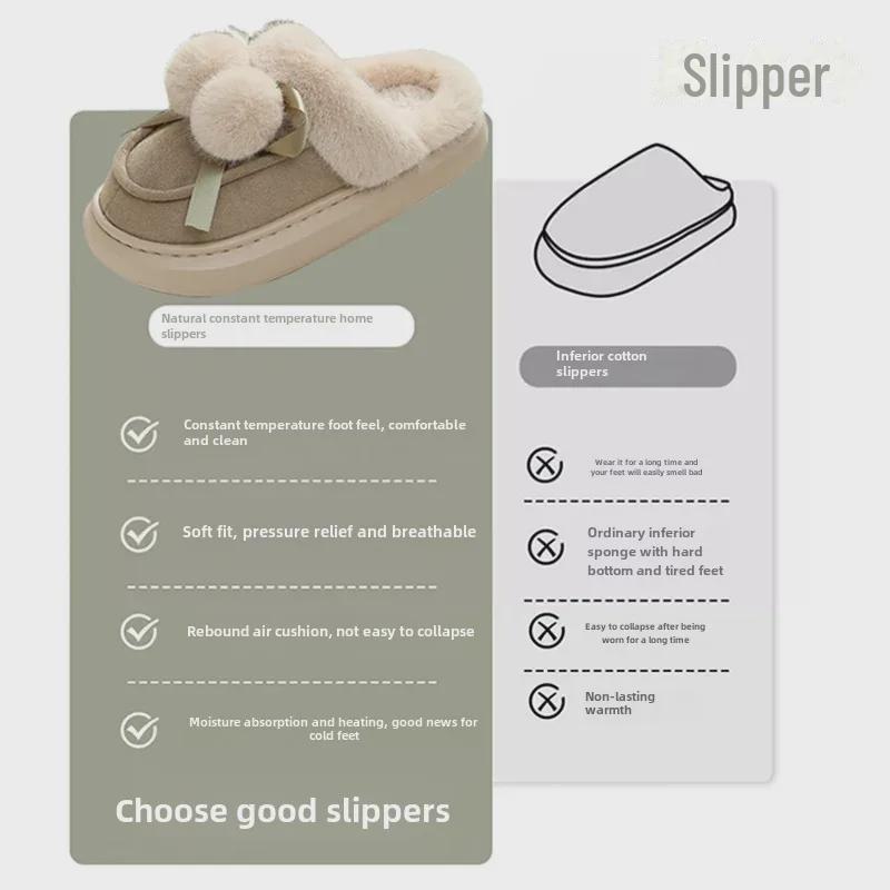 Útulné dámské bavlněné pantofle s roztomilými kožešinovými bambulkami, plyšovou podšívkou a silnou podrážkou pro vnitřní použití - Skvělé pro páry na podzim a zimu