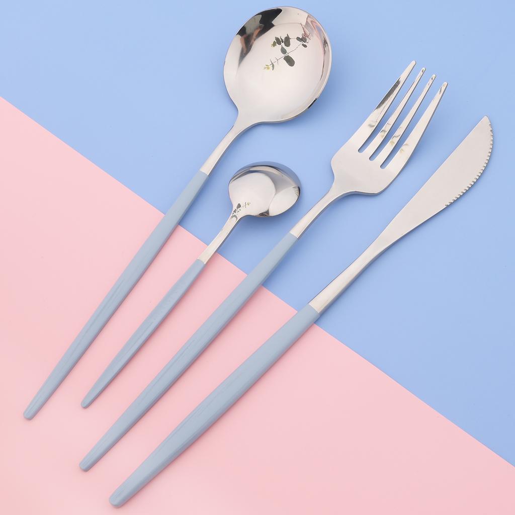 24pcs Blue Silver Dinnerware Set Dinner Knife Fork Tea Spoon Cutlery Set Stainless Steel Tableware Western Home Kitchen Flatware