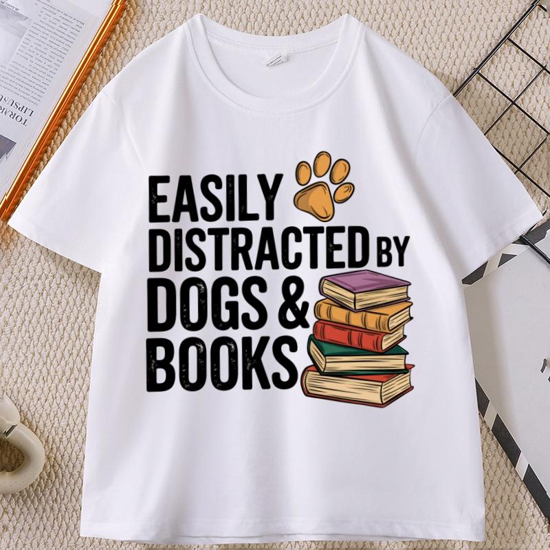 

Easily Distracted By Dogs and Books Tshirt Dog Mom Dad Book Lover Reader T-Shirt Casual Round Neck Short Sleeve Tshirts Cloth... S разноцветный