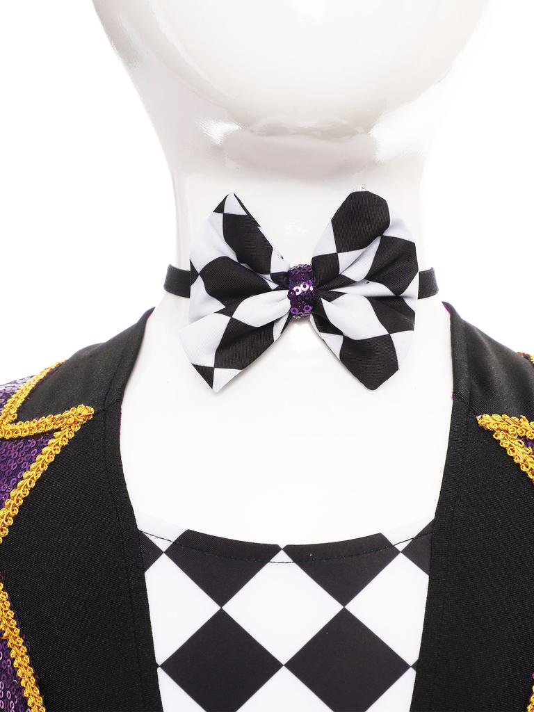 Complete Kids Magician Halloween Costume Set: Sequin Checkerboard Tailcoat Bodysuit with Hat, Bow Tie, Gloves & Magic Wand